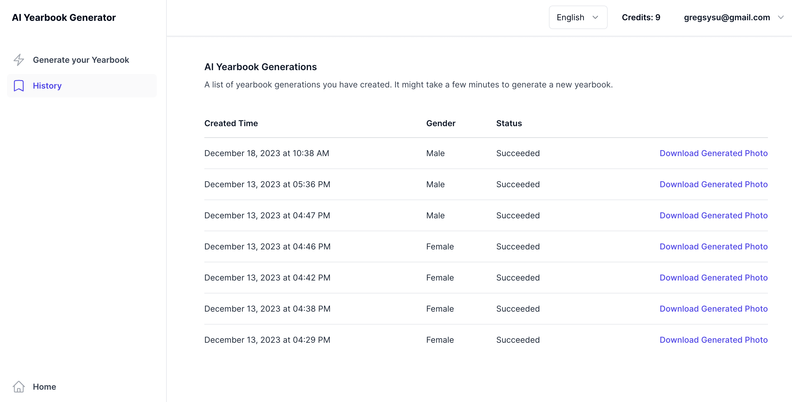 AI Yearbook Generator UI - history page